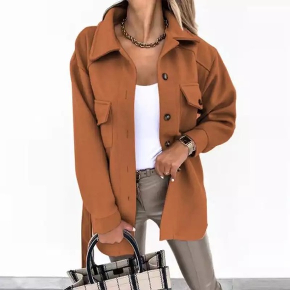 Jackets & Blazers - 19Brown Pocket Button Belted Wrap Fitted Bohemian Brushed Utility Shacket Jacket